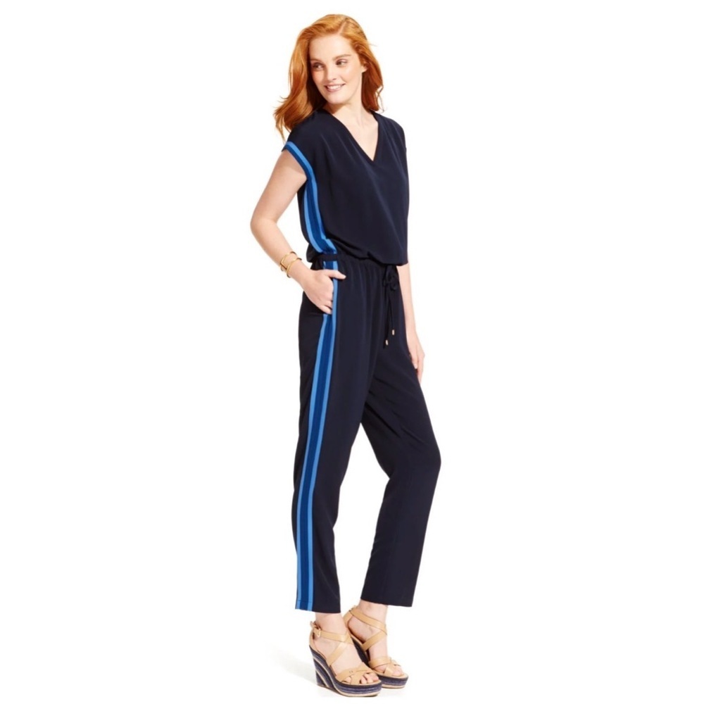 Tommy Hilfiger Women's Side Stripe Drawstring Blue V-Neck Jumpsuit Size 8